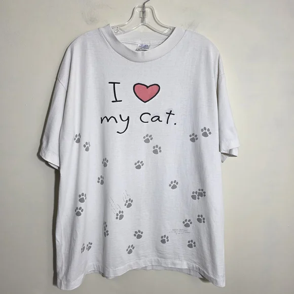 Vintage Hallmark Single Stitch White Tee I Love My Cat Paw Prints Womans Sz XL - Picture 1 of 11